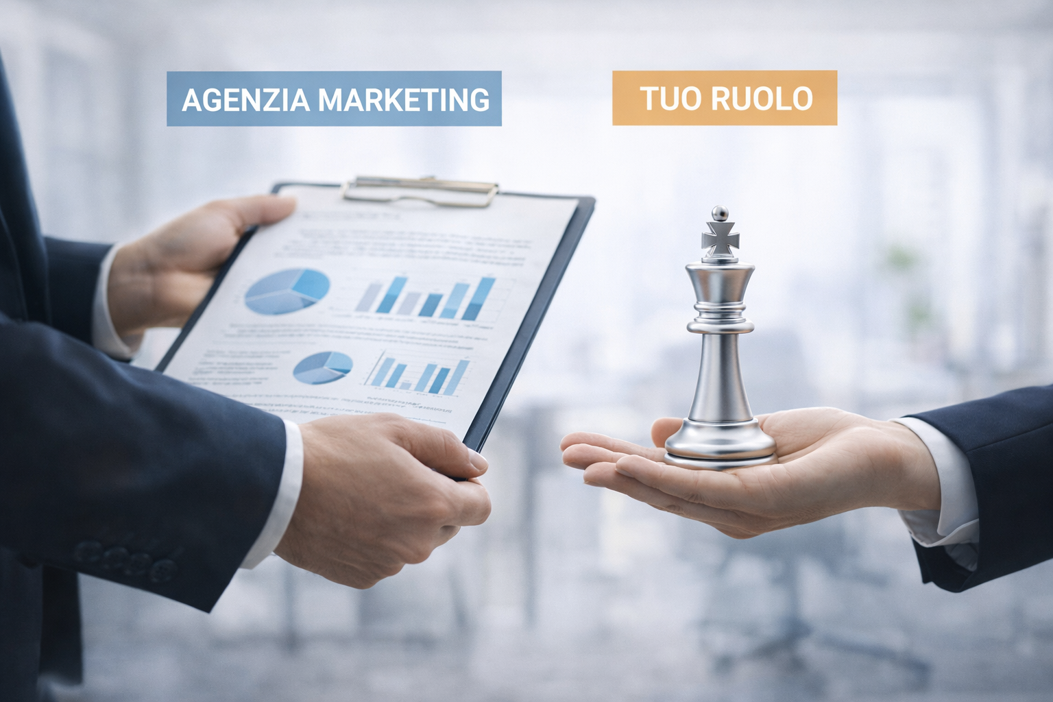 delegare il marketing mano con pezzo di scacchi e interlocutore con un prospetto economico