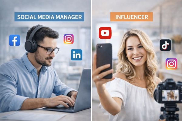 social media manager marketing immagine che presenta una influencer che posa per un selfie e un media manager intento a scrivere qualcosa al pc
