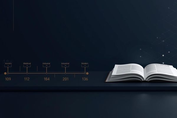 storia del marketing immagine di una timeline con un libro finale